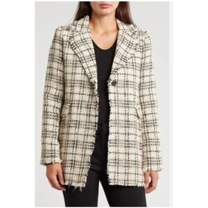 Ellen Tracy Bouclé Frayed Trims Tweed Plaid Preppy Blazer Sz M (Missing Button)